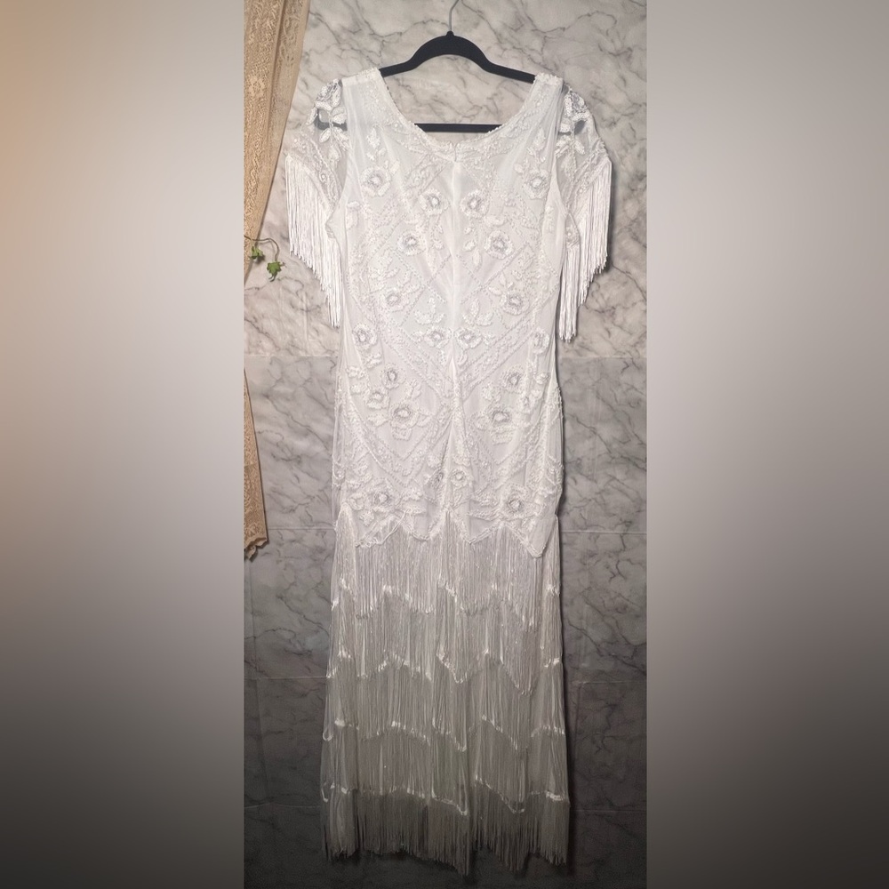 Gatsby Flapper Fringe Beaded Formal Wedding Dress Vintage XL fits more like M/L - Picture 9 of 11